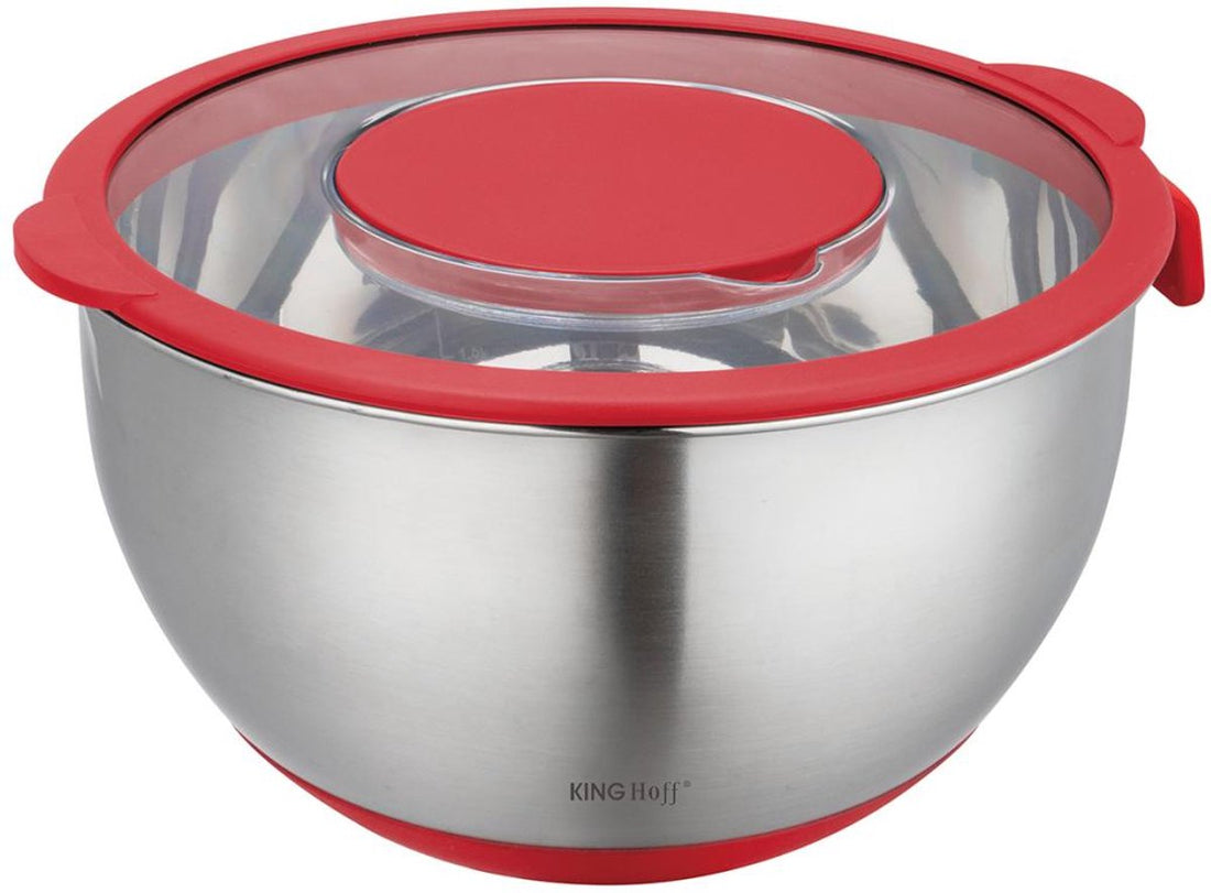 Edelstahl-Rührschüssel mit Deckel – Multifunktional (5 l, Rot) – Inklusive 3 Reibeinsätzen, Messskala und rutschfestem Boden – Zum Rühren, Raspeln und Aufbewahren