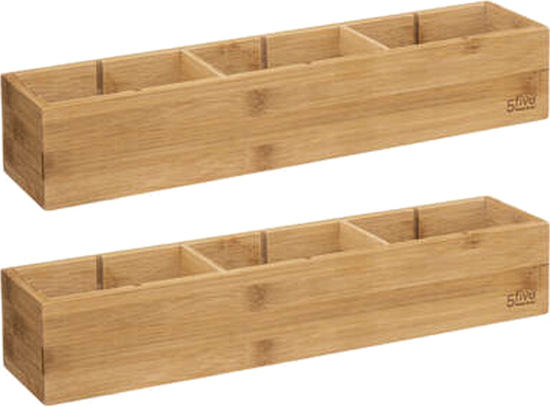 5Five Drawer/cabinet/bathroom organizer - 2x - 3 compartments - L38 x W8 x H7 cm - bamboo wood - light brown - removable dividers
