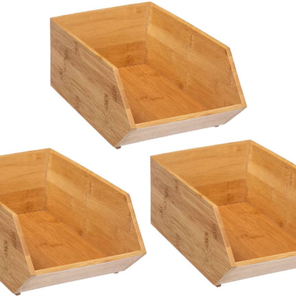5Five Corbeille de rangement empilable 1 casier organiseur - 3x - L18 x l31 x H12 cm - bois de bambou - marron clair