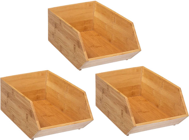 5Five Corbeille de rangement empilable 1 casier organiseur - 3x - L18 x l31 x H12 cm - bois de bambou - marron clair