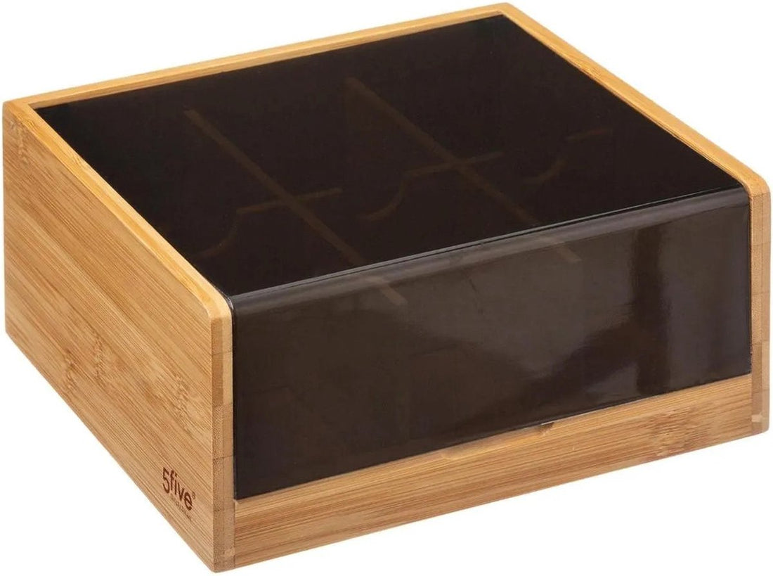 5Five Tea Box - 6 compartments - tea chest - bamboo - brown and black - 22 x 21 cm