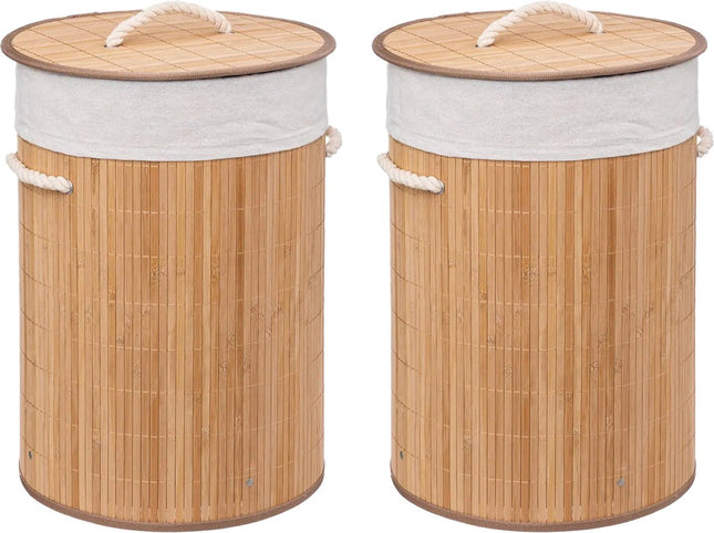 5Five Panier à linge en bambou - 2x - 48 litres - 35 x 50 cm - avec couvercle