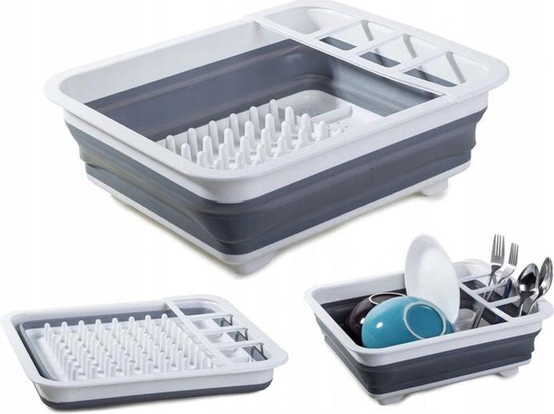 Luxury Space-Saving Collapsible Dish Drying Rack - Foldable Dish Drainer - Dish Rack with Cutlery Basket - Kitchen/Camping/RV - Dish Drying Rack - Rust-Resistant Silicone