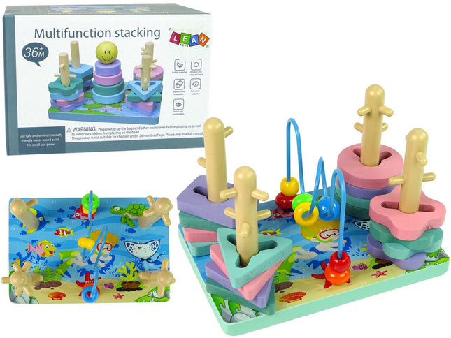 Leantoys Planche de Tri en Bois Monde Marin - Jouet Éducatif avec Labyrinthe de Perles - Tri de Formes et de Couleurs 3+ - Jeu d'Empilage avec Blocs - Blocs en Bois -