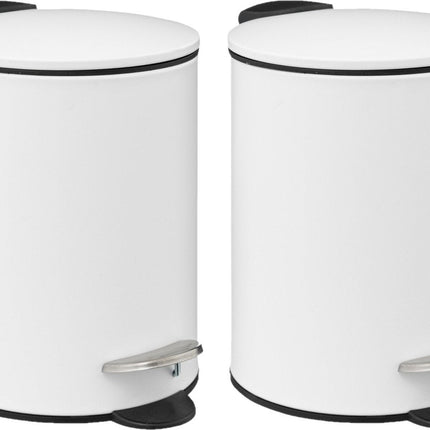 5Five Poubelle à Pédale - 2x - blanc - métal - 3L - 23 cm - fermeture douce