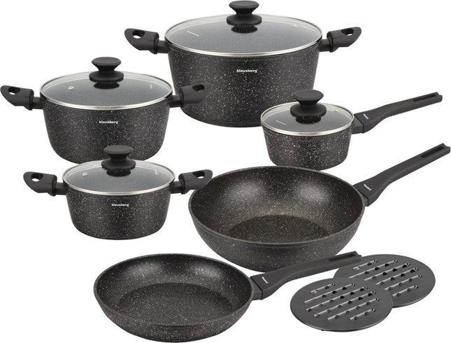 Klausberg 7659 - 12 delige pannenset - Kookpannen - 16-20-24-24-28-28 cm - zwart - met deksel