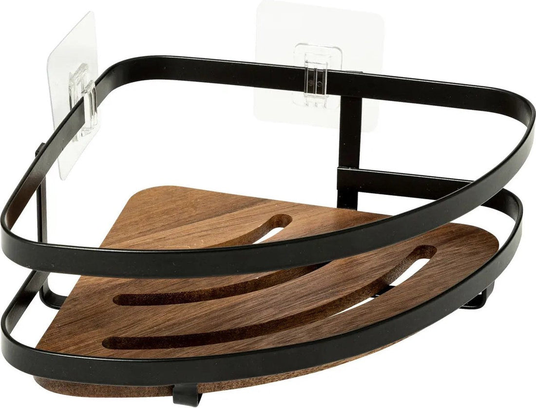 5Five Bathroom shower shelf organizer - black metal / acacia wood - suction cups - 20 x 20 x 7 cm - corner placement