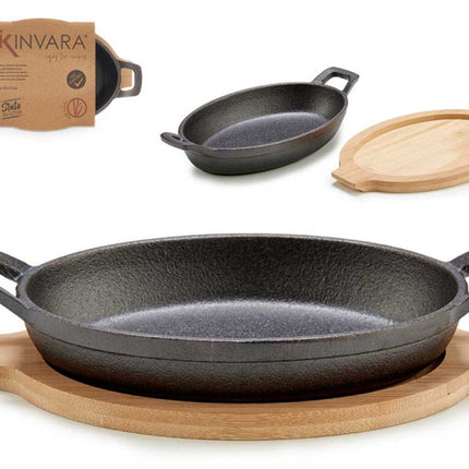 Petite poêle ovale en fonte avec plateau en bambou - 22,5 cm - Pour four et plaque de cuisson - Poêle à barbecue - Fonte