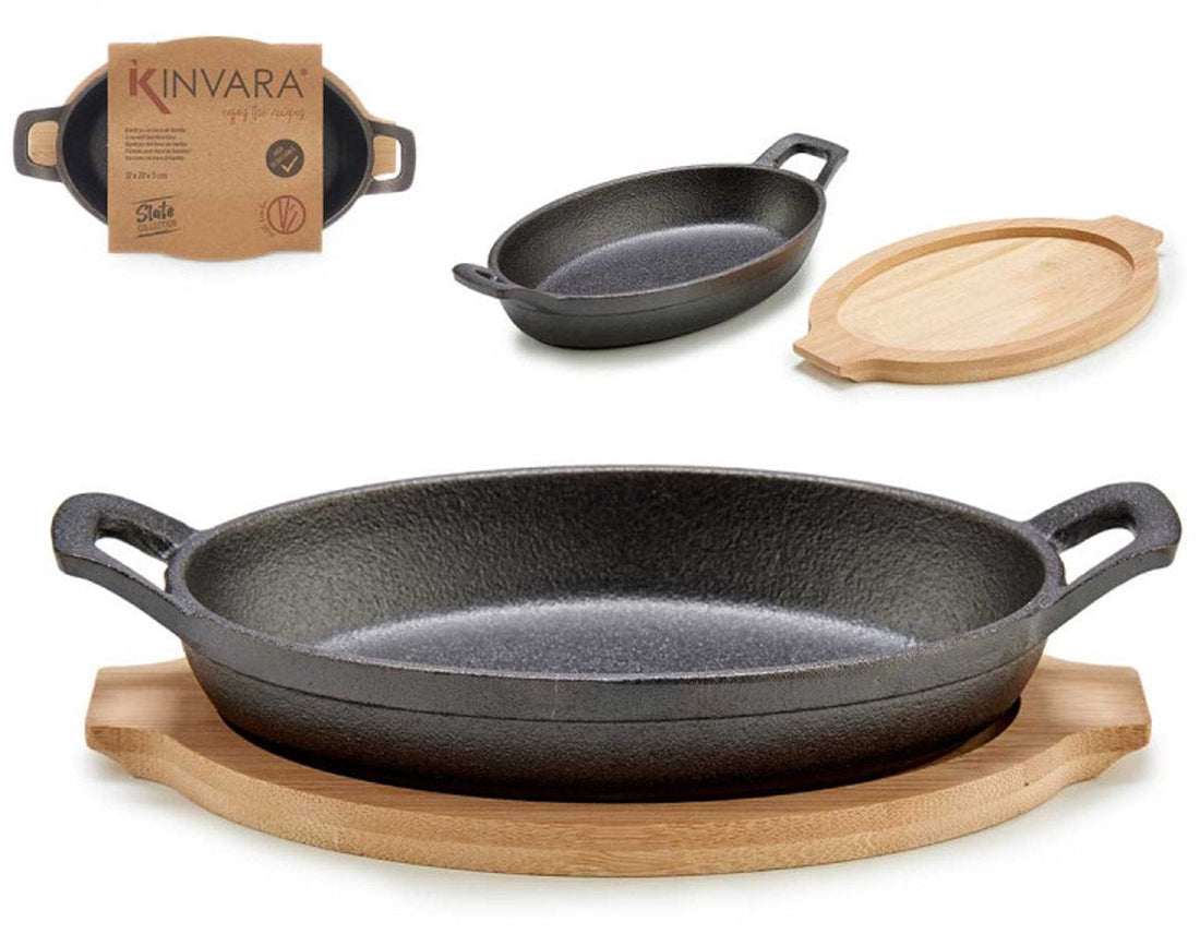 Small Oval Cast Iron Pan with Bamboo Tray - 22.5 cm - For Oven and Stovetop - Barbecue Pan - Cast Iron