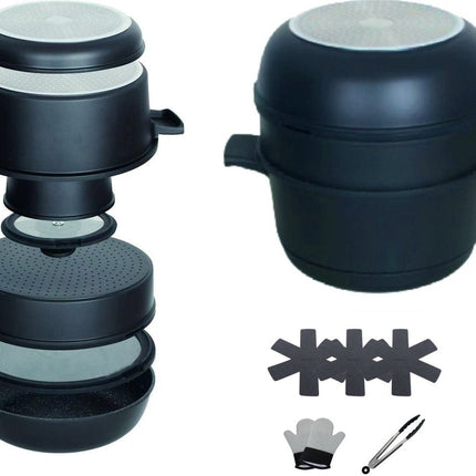 Hakal Set de 12 casseroles empilables – Batterie de cuisine gain de place | Compatible induction | Accessoires inclus