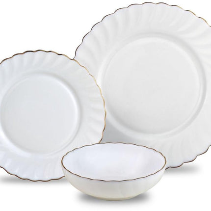 KINGHOFF Service de vaisselle MARIGOLD - 18 pièces - Blanc avec Bord Doré - Verre Opale - Assiettes Plates, Assiettes à Dessert & Bols à Soupe - Service pour 6 Personnes