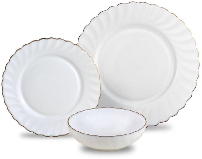 KINGHOFF Service de vaisselle MARIGOLD - 18 pièces - Blanc avec Bord Doré - Verre Opale - Assiettes Plates, Assiettes à Dessert & Bols à Soupe - Service pour 6 Personnes