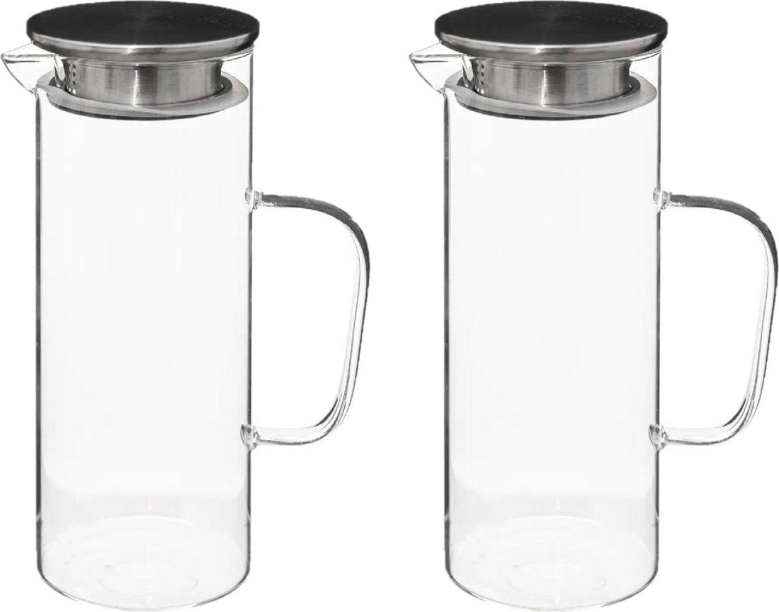 Secret de Gourmet Water Carafe/Pitcher - 2x - stainless steel lid - glass - 1.1 Liters - D9 x H22 cm