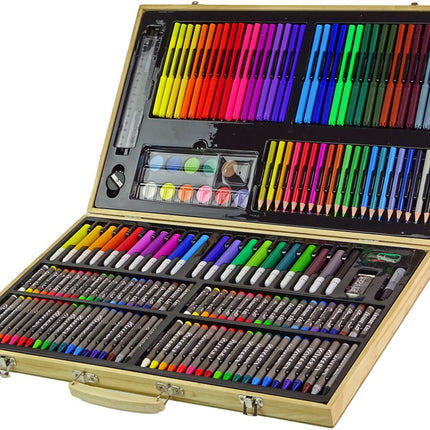 Set de peinture en bois 180 pièces - Kit d'artiste pour enfants en mallette - Set de dessin avec marqueurs, craies et peinture - Cadeau créatif pour garçons et filles - Set de 180 pièces -