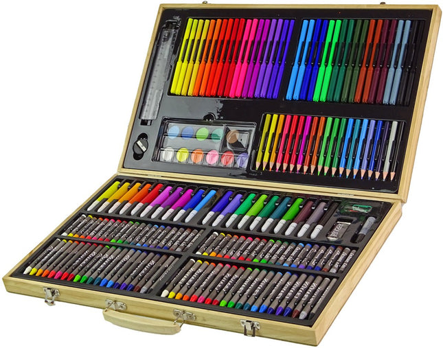 Set de peinture en bois 180 pièces - Kit d'artiste pour enfants en mallette - Set de dessin avec marqueurs, craies et peinture - Cadeau créatif pour garçons et filles - Set de 180 pièces -