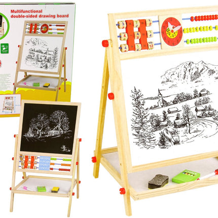 Tableau Éducatif Double Face 2 en 1 - Tableau en Bois avec Boulier, Horloge et Alphabet - Tableau Blanc et Tableau Noir - Avec Étagère de Rangement
