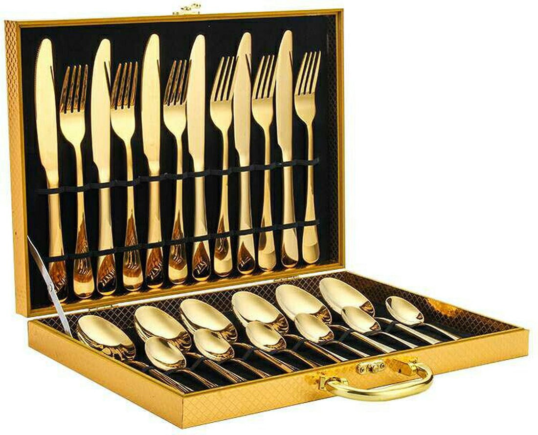TDR Stainless Steel Cutlery Set - 24-piece - including case - Gold