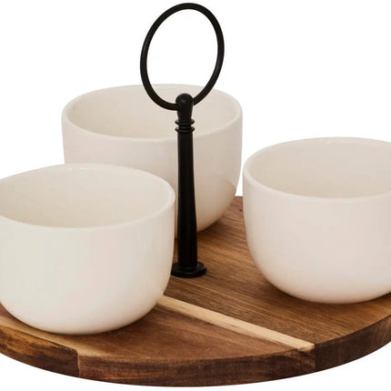 5Five Planche de service en bois d'acacia - avec 3 bols de luxe - D20 cm - bols à tapas et sauces - couleurs mélangées blanc - plateau apéritif