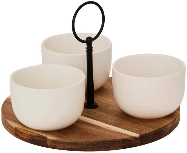 5Five Planche de service en bois d'acacia - avec 3 bols de luxe - D20 cm - bols à tapas et sauces - couleurs mélangées blanc - plateau apéritif