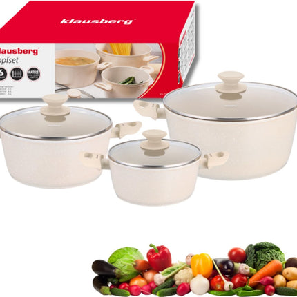 Klausberg KB-7961 Ensemble de casseroles 6 pièces Beige | Revêtement antiadhésif marbre | Compatible induction | 3 casseroles avec couvercles | Crème
