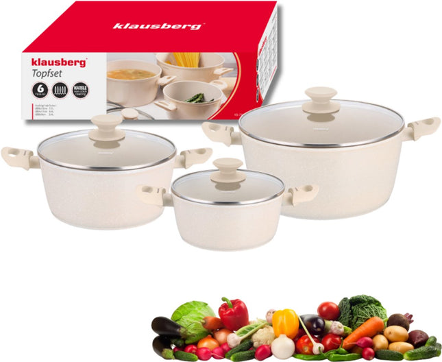 Klausberg KB-7961 Ensemble de casseroles 6 pièces Beige | Revêtement antiadhésif marbre | Compatible induction | 3 casseroles avec couvercles | Crème