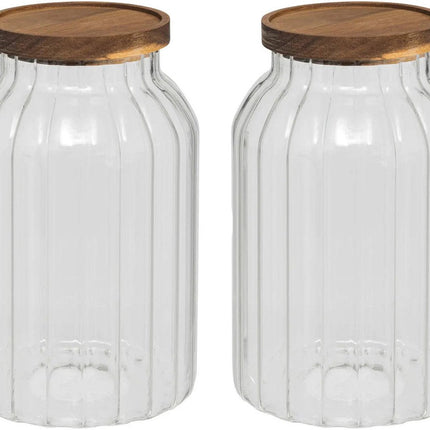 5Five bocal de conservation Bois d'acacia - 2x - verre - 3L - 14 x 23 cm - bocaux de cuisine - Aliments/bonbons/biscuits