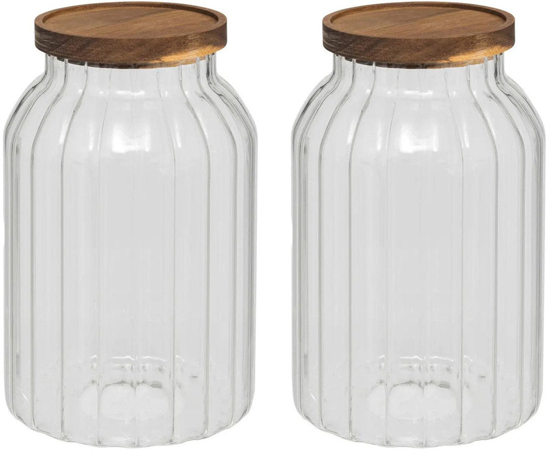 5Five Acacia wood storage jar - 2x - glass - 3L - 14 x 23 cm - kitchen storage jars - Food/candy/cookies