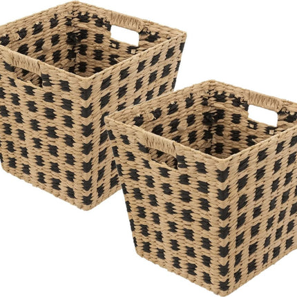 Panier de rangement en osier tressé - 2x - carré - beige/noir - 31x31x31 cm - Paniers de rangement pour armoire/salle de bain