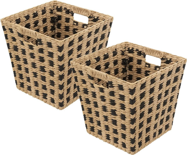 Panier de rangement en osier tressé - 2x - carré - beige/noir - 31x31x31 cm - Paniers de rangement pour armoire/salle de bain