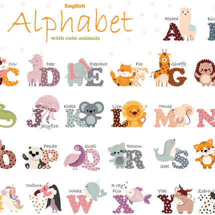 Sticker mural Alphabet anglais - Lettres éducatives pour chambre d'enfant - 65x100 cm - Autocollant ABC pour écoles et crèches - Mots d'animaux - Apprentissage de l'alphabet - Éducatif