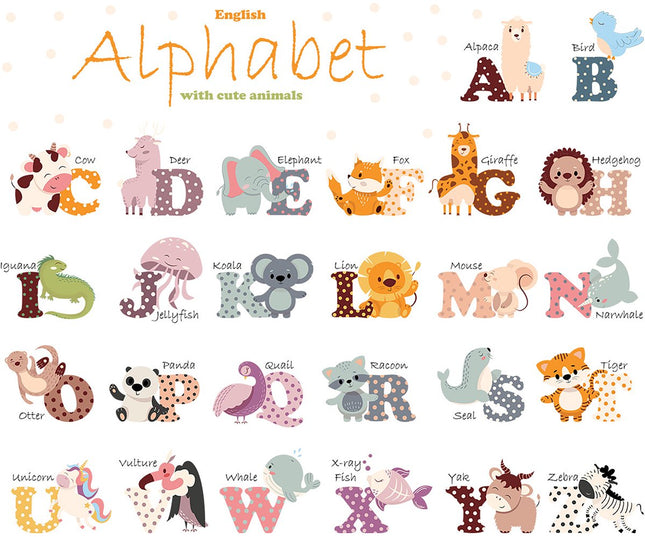Sticker mural Alphabet anglais - Lettres éducatives pour chambre d'enfant - 65x100 cm - Autocollant ABC pour écoles et crèches - Mots d'animaux - Apprentissage de l'alphabet - Éducatif
