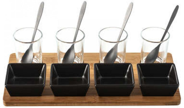 Service à apéritif 13 pièces - verre - bambou - porcelaine - cuillères