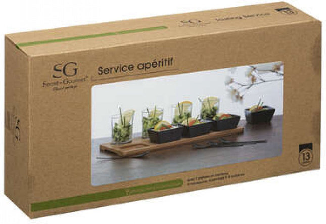Service à apéritif 13 pièces - verre - bambou - porcelaine - cuillères