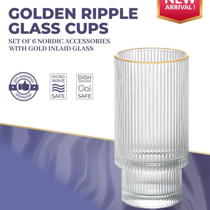 Verres à long drink Ripple - Bord doré - Set de 6 pièces - 295 ml - Empilables