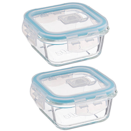 Lot de 2 boîtes à lunch en verre cristallin – Récipients de conservation de 330 ml avec bord bleu clair – Boîtes à lunch en verre pour salade, snacks ou préparation de repas – 12 x 12 x 6,5 cm