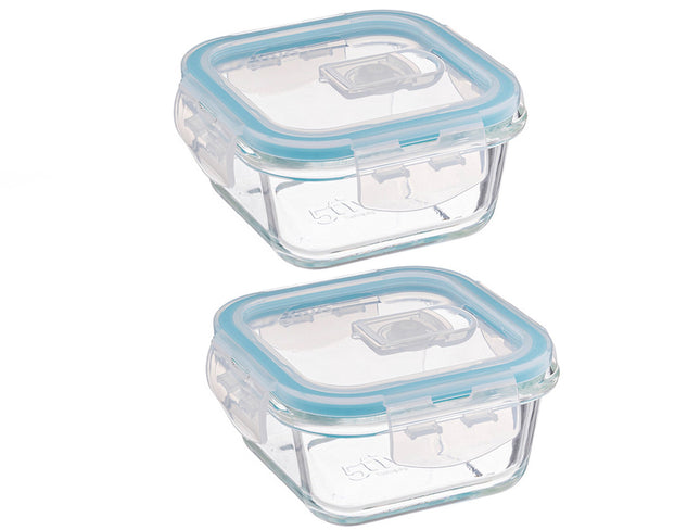 Lot de 2 boîtes à lunch en verre cristallin – Récipients de conservation de 330 ml avec bord bleu clair – Boîtes à lunch en verre pour salade, snacks ou préparation de repas – 12 x 12 x 6,5 cm