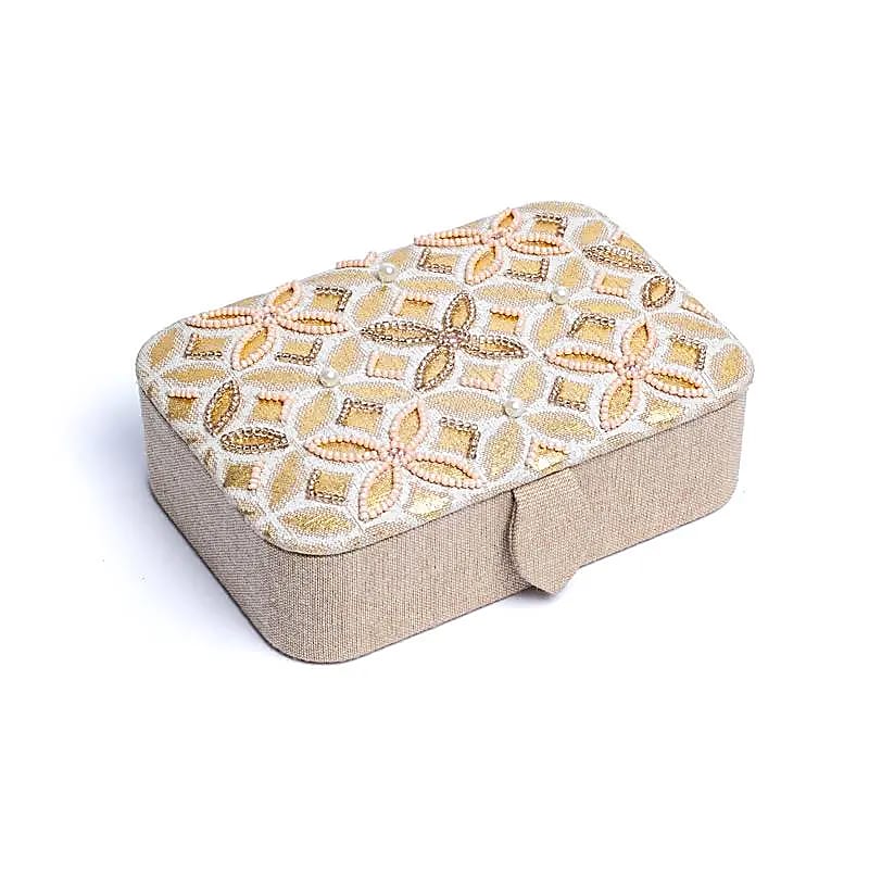 Jewelry / tarot box chambray cotton beige / gold with Flower of Life