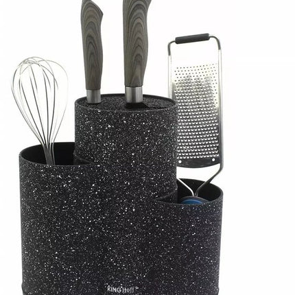 Kinghoff KH1561 - Bloc à Couteaux 3-en-1 Imitation Marbre - Système de Rangement Économiseur d'Espace et Stable pour Couteaux jusqu'à 20 cm - Intérieur Lavable