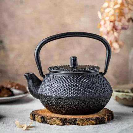 Kinghoff Théière en Fonte avec Filtre - 0,3 Litre (KH1817) - Inclut des Bols à Sucre et à Thé avec Couvercles en Bois - Design Traditionnel avec Fonctionnalité Moderne