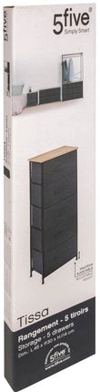 5FIVE Opbergkast Pisa - 5 mandjes - grijs - 45 x 30 x 114 cm - metaal/hout/stof - opbergen