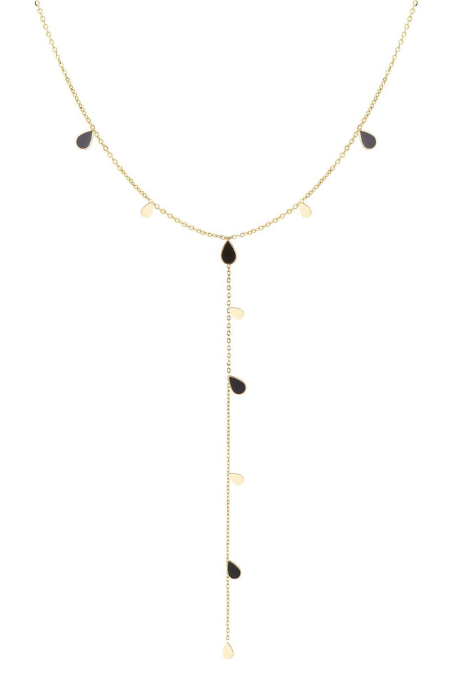 Long collier goutte en émail – Doré avec gouttes noires – 45 cm (+5 cm réglable) – Acier inoxydable