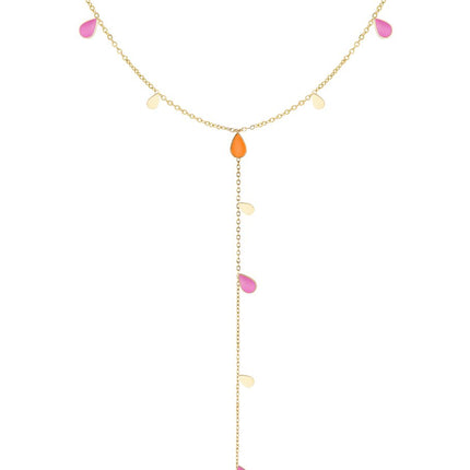 Long collier pendentif émail – Doré avec gouttes orange / rose – 45 cm (+5 cm Ajustable) – Acier inoxydable