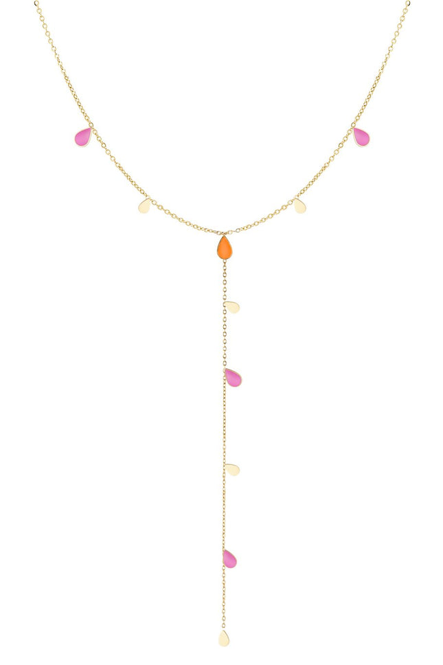 Lange Emaille Druppel Ketting – Goudkleurig met Oranje / Roze Druppels – 45 cm (+5 cm Verstelbaar) – Roestvrijstaal