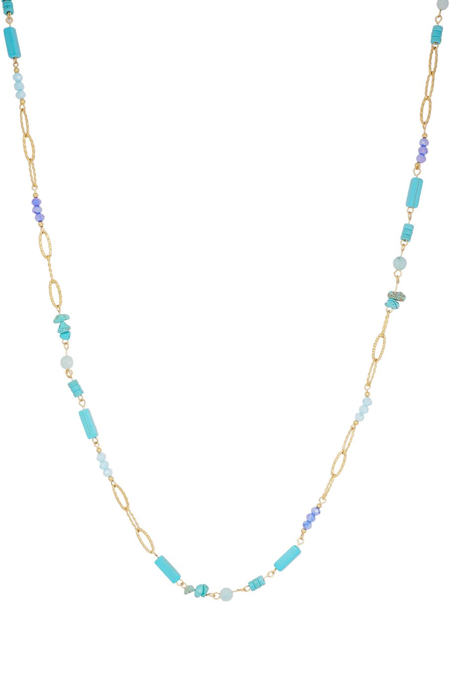 Lange ketting met blauwe en turquoise steentjes – goudkleurig, 90 cm, RVS