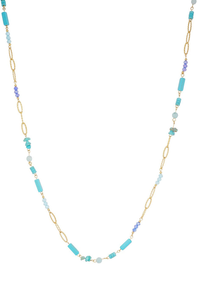 Long Collier avec Pierres Bleues et Turquoises – Couleur Or – 90 cm – Ne Ternit Pas (Cristal & Acier inoxydable)