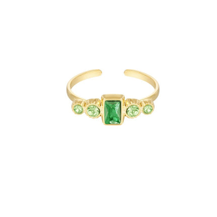 Bague Dorée avec Strass Vert – Bijou en Acier Inoxydable – Taille Unique Ajustable – Bague Tendance – Vert & Or