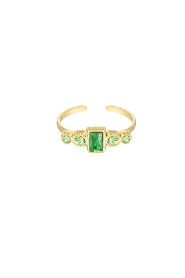 Bague Dorée avec Strass Vert – Bijou en Acier Inoxydable – Taille Unique Ajustable – Bague Tendance – Vert & Or