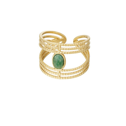 Bague en Or avec Pierre Verte – Bijoux en Acier Inoxydable – Taille Unique – Bague Déclaration Chic – Vert & Or – Design Superposé