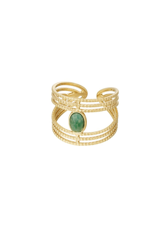 Gouden Ring met Groene Steen – Stainless Steel Sieraden – One Size – Chique Statement Ring – Groen & Goud – Laagjes Design