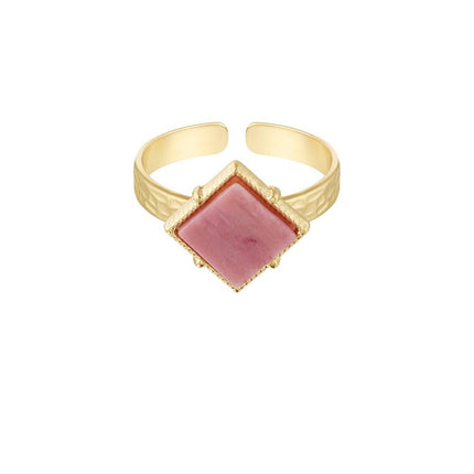 Bague Ouverte Dorée – Pierre Rose en Forme de Losange – Acier Inoxydable (INOX) – Taille Unique